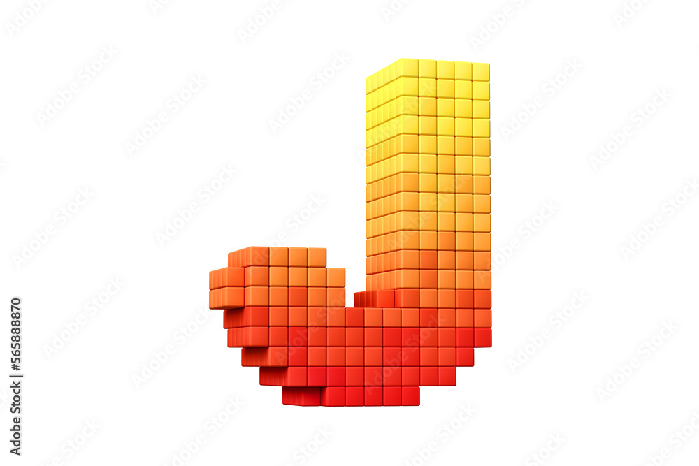 Obraz premium Arcade old school style pixel art font letter J in yellow to orange color scheme. High quality 3D rendering.