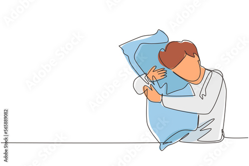 Single continuous line drawing male sleeping while hugging pillow. Activities of people. Sweet dream or sleep concept. Man took sleeping pill for insomnia. One line draw design vector illustration