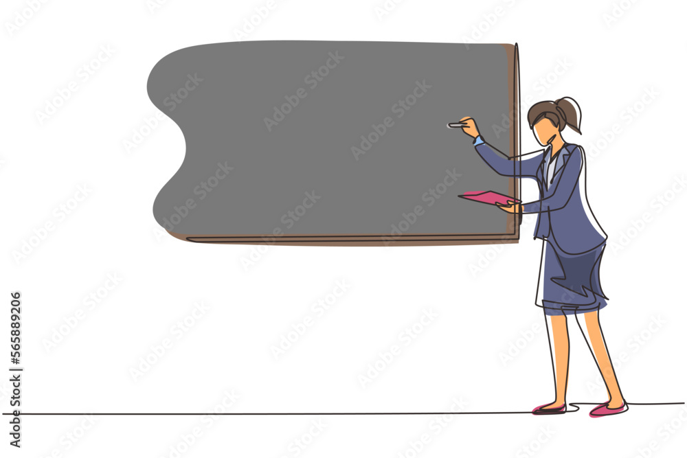 Single one line drawing business woman teacher standing in front of the white board, holding book and writing business plan strategy and tactics theory. Continuous line draw design vector illustration Single one line drawing business woman teacher standing in front of the white board, holding book and writing business plan strategy and tactics theory. Continuous line draw design vector illustration