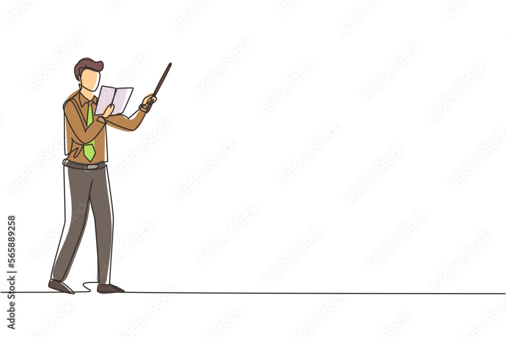 Single one line drawing man teacher standing with open book, pointer in front of classroom teaching lesson. Professor at university is giving lecture. Continuous line draw design vector illustration Single one line drawing man teacher standing with open book, pointer in front of classroom teaching lesson. Professor at university is giving lecture. Continuous line draw design vector illustration