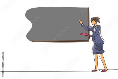 Single one line drawing business woman teacher standing in front of the white board, holding book and writing business plan strategy and tactics theory. Continuous line draw design vector illustration