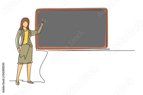 Continuous one line drawing woman teacher professor standing in front of blackboard teaching student in classroom. College class or university teacher teach in classroom. Single line design vector