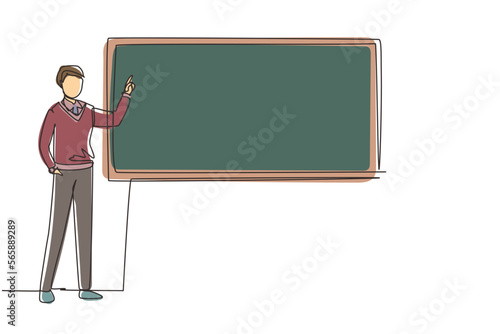 Continuous one line drawing man teacher professor standing in front of blackboard teaching student in classroom. College class or university teacher teach in classroom. Single line draw design vector