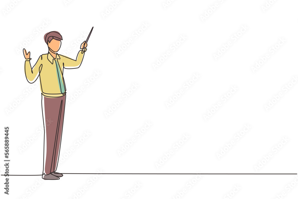 Single one line drawing standing businessman teacher wearing tidy shirt pointing with wooden pointer stick. Educational concept, courses, trainings. Continuous line draw design vector illustration