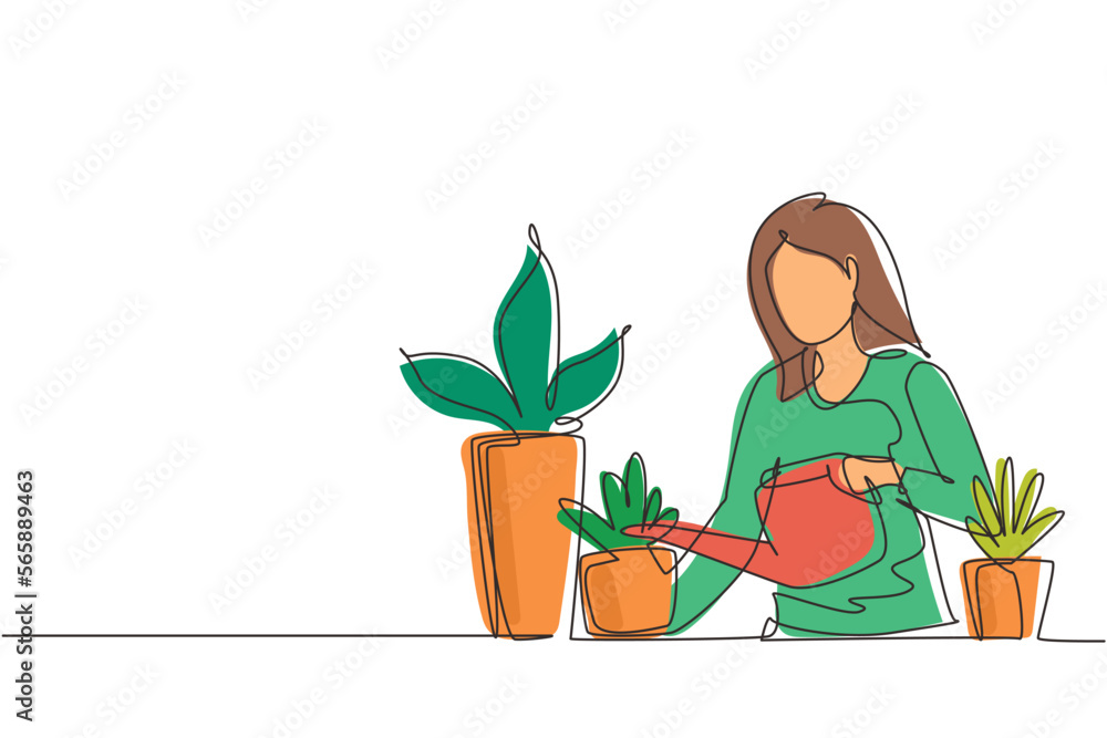 Single one line drawing woman watering houseplants at home. Home garden and house plants concept. Girl taking care of houseplants growing in planters. Continuous line draw design vector illustration Single one line drawing woman watering houseplants at home. Home garden and house plants concept. Girl taking care of houseplants growing in planters. Continuous line draw design vector illustration
