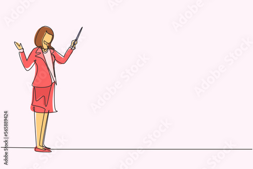 Single one line drawing standing young businesswoman teacher wearing blazer pointing with wooden pointer stick. Educational concept, courses, trainings. Continuous line draw design vector illustration