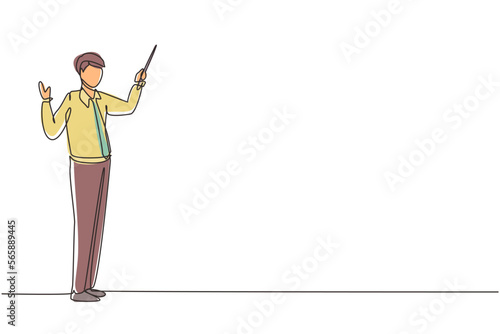 Single one line drawing standing businessman teacher wearing tidy shirt pointing with wooden pointer stick. Educational concept, courses, trainings. Continuous line draw design vector illustration