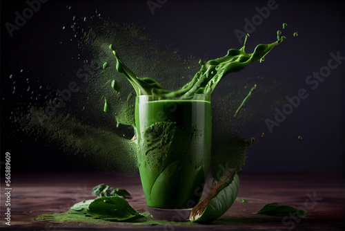 Green Smoothie Splashes With Smoothie Glass on Grey Background AI Generative photo