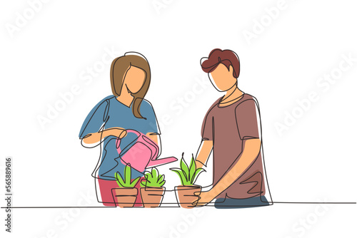 Continuous one line drawing man woman spraying and water flowers on shelf with watering can. Happy couple take care of home plants, flowers in pots enjoying gardening. Single line draw design vector