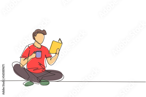 Single one line drawing smart student preparing for exam. Young man studying, reading textbooks, drink cup of coffee. Reader sitting on floor, learning. Continuous line draw design vector illustration