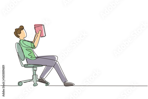 Single continuous line drawing boy reads book in chair. Side view of exiting process of learning by young male. Style of boy spending spare time by reading literature. One line draw design vector