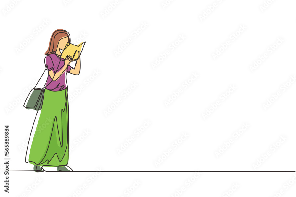 Single one line drawing young lady with short hairstyle and trendy bag holding book. Girl reading function book or schoolbook. Student, bibliophile, literature fan. Continuous line draw design vector Single one line drawing young lady with short hairstyle and trendy bag holding book. Girl reading function book or schoolbook. Student, bibliophile, literature fan. Continuous line draw design vector