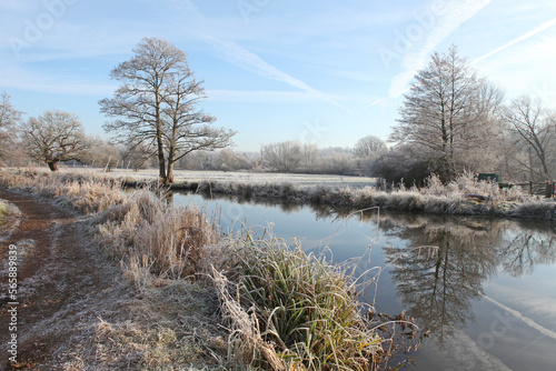 A still River Wey on a cold frosty morning, Surrey, UK.