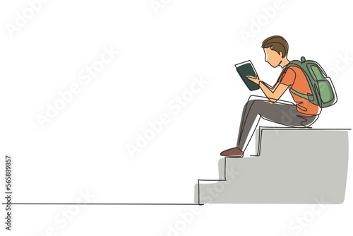 Continuous one line drawing modern young man reading book sitting on stairs. Smart male reader enjoying literature or studying, preparing for exam. Single line draw design vector graphic illustration