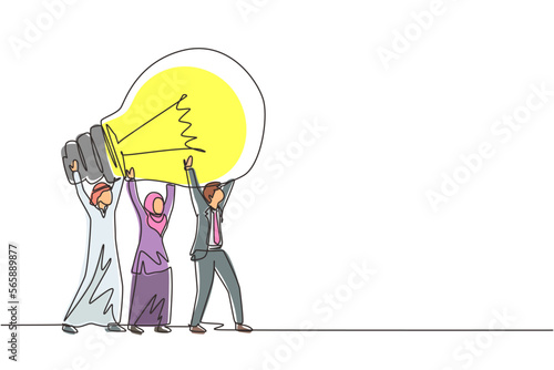 Continuous one line drawing concept of joint teamwork, building business team. Arab men women hold and lift light bulb. Idea generation, creative search. Single line draw design vector illustration