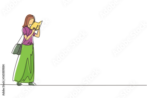 Single one line drawing young lady with short hairstyle and trendy bag holding book. Girl reading function book or schoolbook. Student, bibliophile, literature fan. Continuous line draw design vector