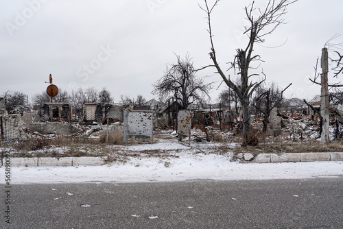 Part of the street with houses destroyed by the war. The Lyman city photo