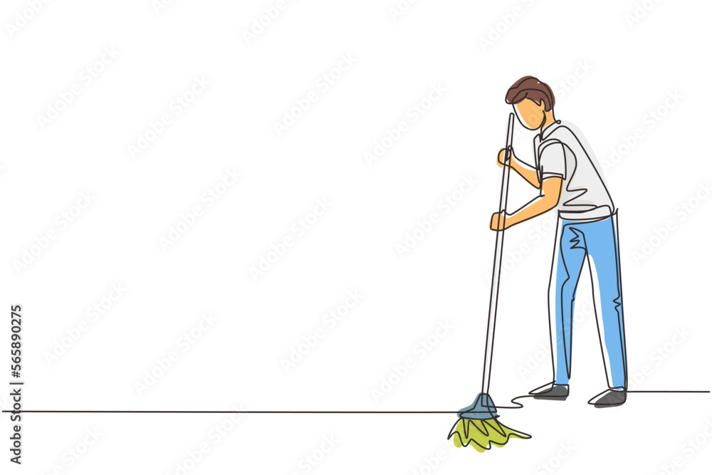 Single one line drawing young man mopping floor and cleanup indoors. Home clean, housework service or housekeeping workers and janitor. Modern continuous line draw design graphic vector illustration