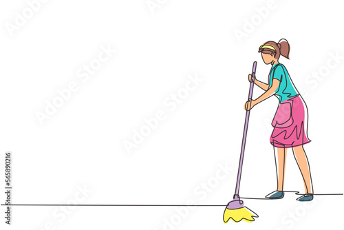 Continuous one line drawing happy young woman mopping floor and cleanup indoors. Home clean, housework service or housekeeping workers and janitor. Single line draw design vector graphic illustration