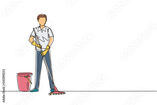 Single continuous line drawing cleaning company staff to work with the equipment. Man with buckets and mops. Domestic cleaner worker and cleaners equipment. One line draw design vector illustration