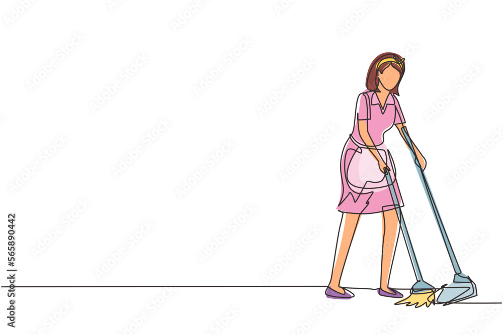 Continuous one line drawing housekeeping girl worker with broom, dustpan. Woman janitor, sweeping floor with broom, holding dustpan, professional cleaning. Single line draw design vector illustration Continuous one line drawing housekeeping girl worker with broom, dustpan. Woman janitor, sweeping floor with broom, holding dustpan, professional cleaning. Single line draw design vector illustration
