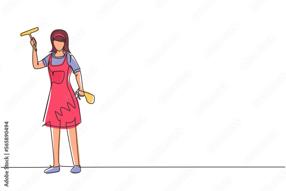 Continuous one line drawing smiling cleaning staff member is wiping the window with brush and spray. Concept of woman cleaning windows from dust in different premises. Single line draw design vector Continuous one line drawing smiling cleaning staff member is wiping the window with brush and spray. Concept of woman cleaning windows from dust in different premises. Single line draw design vector