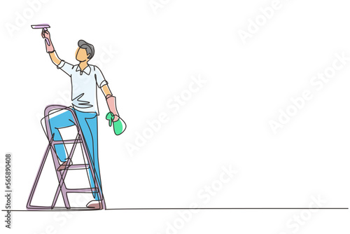 Continuous one line drawing cleaner standing on ladder, washing with sponge. Cleaning service, cleaning tools, washing sponge, house cleaning and housework. Single line draw design vector illustration