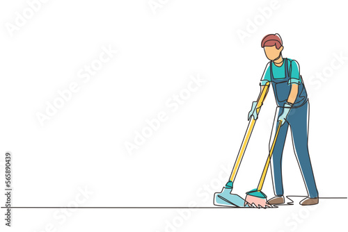 Single continuous line drawing housekeeping male worker with broom and dustpan. Young man janitor, sweeping the floor with broom, holding dustpan, professional cleaning. One line draw design vector
