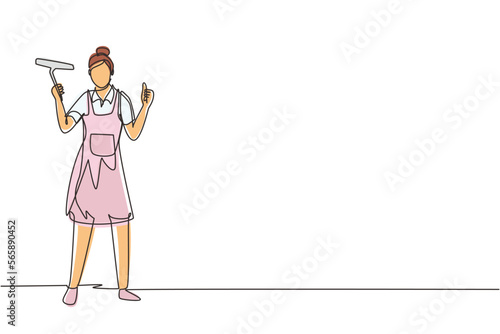 Continuous one line drawing window cleaner in uniform with professional equipment for cleaning windows. Woman cleaning and rub windows of building using spray and wiper. Single line draw design vector