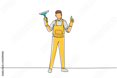 Continuous one line drawing window cleaner in uniform with professional equipment for cleaning windows. Man cleaning and rub windows of building using spray and wiper. Single line draw design vector