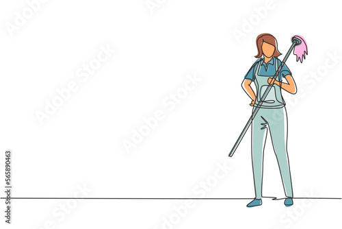 Single one line drawing happy female cleaning staff member holding mop in gloves on white background. Concept of different people like working in cleaning service. Continuous line draw design vector