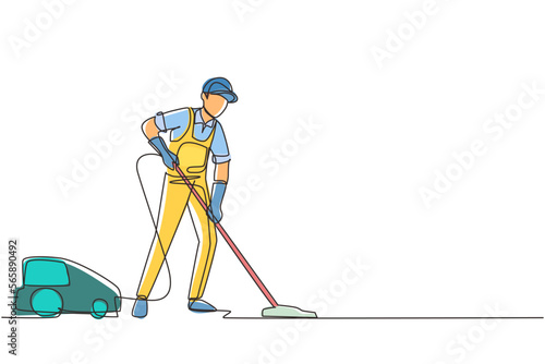 Single one line drawing man with vacuum cleaners of various types isolated on white background. Washing and cleaning service. Disinfection and cleaning. Continuous line draw design vector illustration