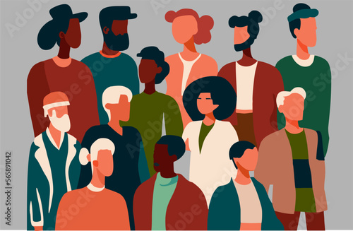 Diversity of multinational peoples. Group silhouette of men and women of different cultures and different countries. Coexistence, harmony and integration of multicultural communities. Racial equality
