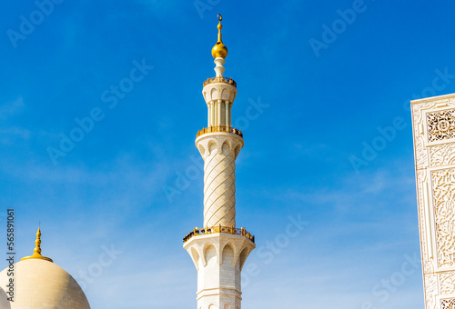 View of an islamic minaret of the mosque. Religion