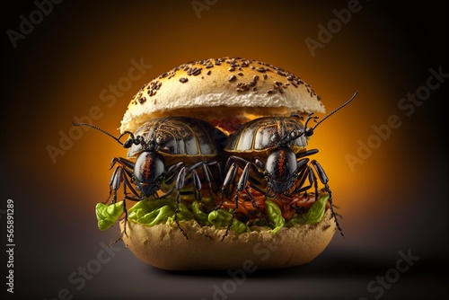 Burger mit Salat und Insekten Belag, Protein reiche Ernährung der Zukunft, ai generativ © www.freund-foto.de