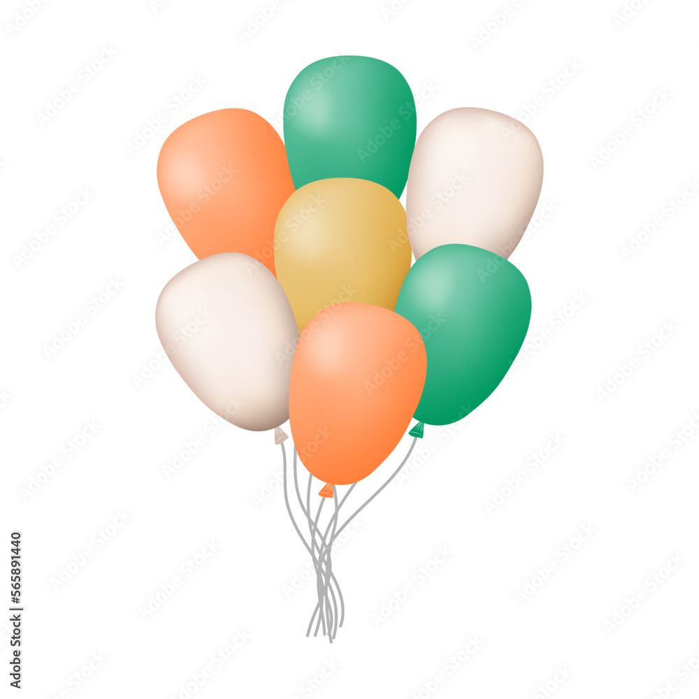 Bunch of 3D gel balloons on a white background. Flying balloons in the colors of the Irish flag. Decoration object for birthday, wedding, festival, any holiday. Vector illustration.