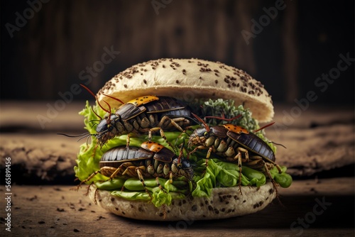 Burger mit Salat und Insekten Belag, Protein reiche Ernährung der Zukunft, ai generativ