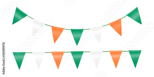 Decorative garland of triangular flags on a rope. Multi-colored flags for decorating holiday, carnival, festival. Festive decor. Vector illustration.