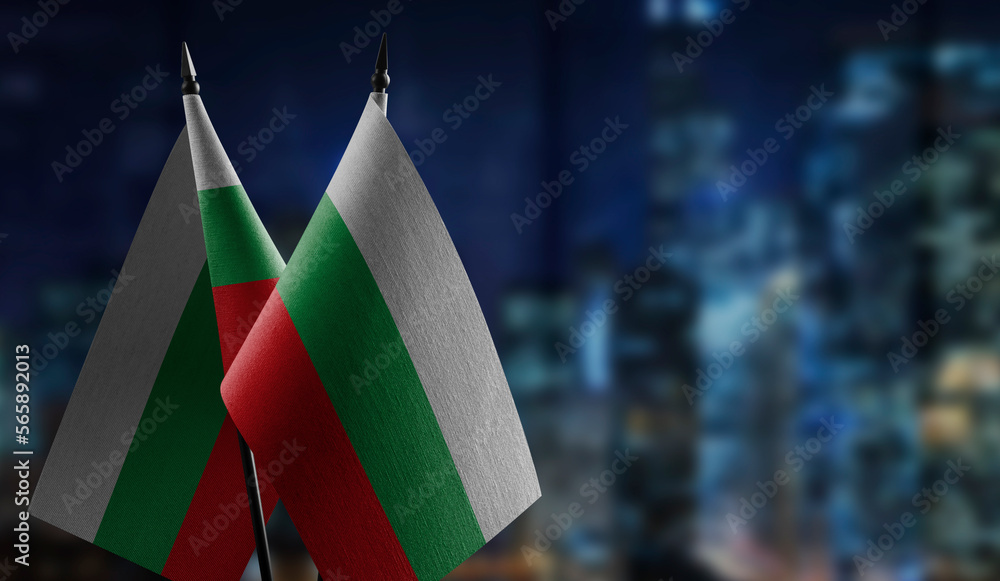 Small flags of the Bulgaria on an abstract blurry background