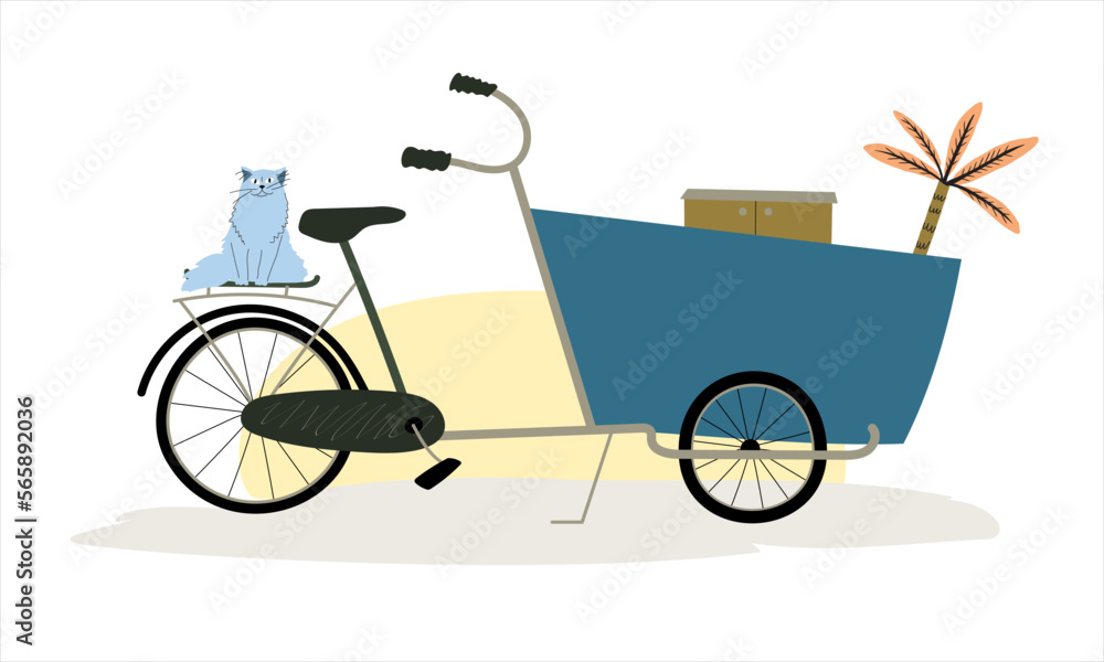 Cargo bike bakfiets standing at the parking with stuff in the box and cat on the trunk. Bohemian style flat vector illustration hand drawn.