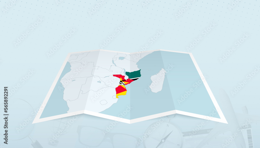 Map of Mozambique with the flag of Mozambique in the contour of the map on a trip abstract backdrop. Map of Mozambique with the flag of Mozambique in the contour of the map on a trip abstract backdrop.