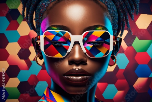 Afroamerikanisches Supermodel mit Designer Kleidung und tollem Make-Up Nahaufnahme, AI generativ