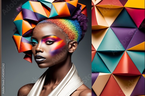 Afroamerikanisches Supermodel mit Designer Kleidung und tollem Make-Up. AI generativ photo