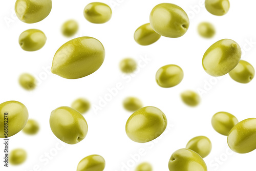 Falling Olive isolated on white background, selective focus
