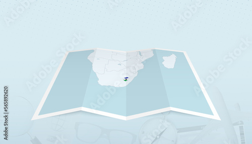 Map of Lesotho with the flag of Lesotho in the contour of the map on a trip abstract backdrop.