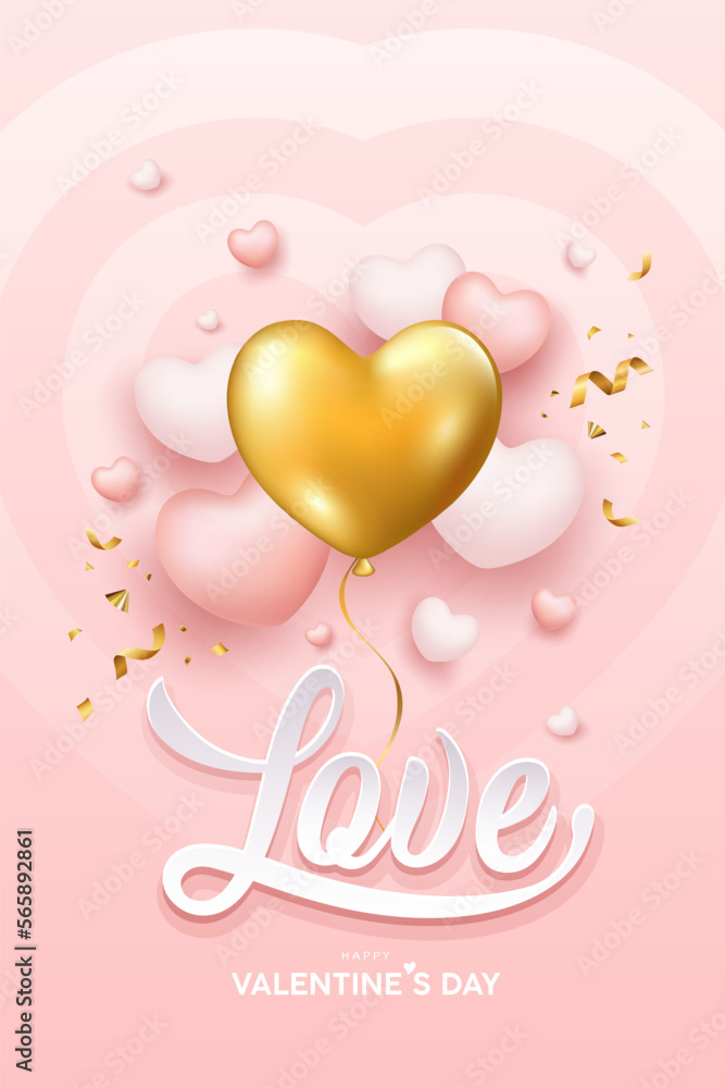 Happy Valentine's Day, Gold balloon heart, love message design pink and white balloons heart poster on pink background, EPS10 Vector illustration.
