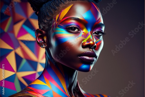 Afroamerikanisches Supermodel mit Designer Kleidung und tollem Make-Up Nahaufnahme. AI generativ photo