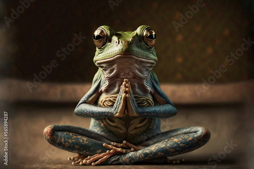 Green frog doing yoga pose, mindfullness concept, new year's resolution. Generative ai © erika8213