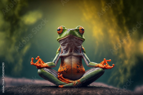 Green frog doing yoga pose, mindfullness concept, new year's resolution. Generative ai