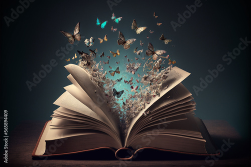 Butterflies coming out of an open book.Fantasy and literature concept.Generative ai. © erika8213